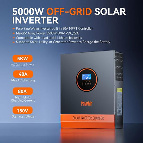 Solar Inverter 5000W 48V Off Grid Inverter 120VAC Pure Sine Wave Inverter Charger 48v Solar Inverter with MPPT Charger 5000W All-in-one Inverter for Home, RV, Truck, Off-Grid,Lead-Acid/Lithium Solar Inverter Installation, Inverter Installation, Digital Marketing Post, Solar Energy Design, Off Grid Power, Solar Design, Solar Companies, Black App, Rv Truck