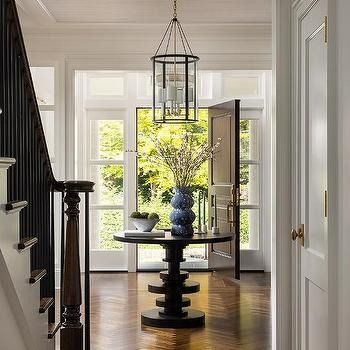 Round Entry Table Design Ideas Black Front Door With Sidelights, Entryway Table Black, Round Foyer, Black Entryway Table, Round Foyer Table, Round Entry Table, Front Door With Sidelights, Farmhouse Entryway Table, Door With Sidelights