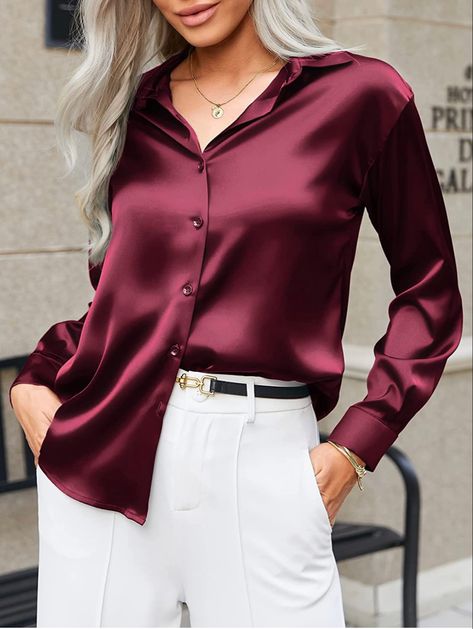 Amazon find #ad Silk Shirts For Women Classy, Satin Shirt Outfit Jeans, Silky Shirt Outfit, Satin Tops Blouses Classy, Silk Shirts Women, Satin Shirts For Women, Satin Shirt Outfit, English Gown, Corporate Wears