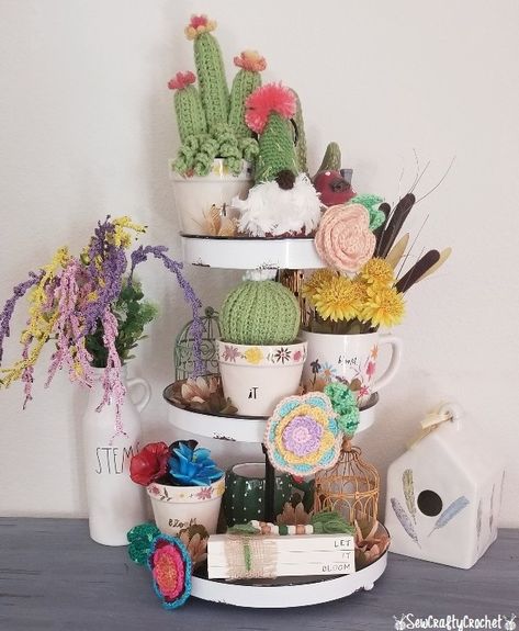 Crochet Cactus Gnome for Spring Tiered Tray - Sew Crafty Crochet Cactus Gnome, Spring Decor Crafts, Tiered Tray Decor Ideas, Crochet Gnomes, Spring Tiered Tray, Tray Decor Ideas, Bloom Book, Gifts To Sew, Tiered Tray Ideas