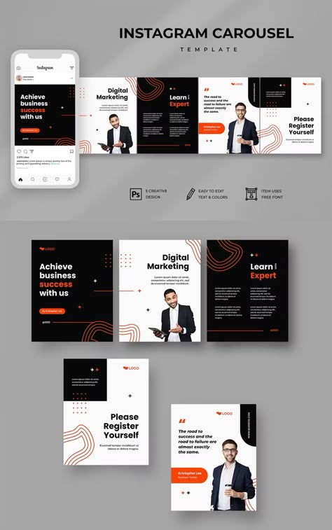 Modern Business Instagram Carousel Template PSD Linkedin Carousel Design Ideas, Instagram Template Business, Carousal Design Ideas For Instagram, Seamless Carousel Design, Carousal Design Ideas, Insta Carousel Design, Linkedin Carousel Design, Instagram Carousel Design Ideas, Carrousel Instagram