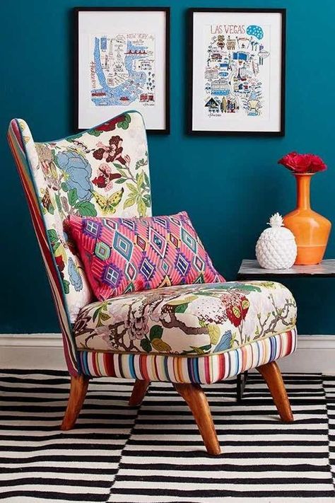 Sophie Robinson Interiors, Boho Seating, British Interior Design, Sophie Robinson, Kit Kemp, Boho Interior Design, British Interior, Teal Walls, Bedroom Seating