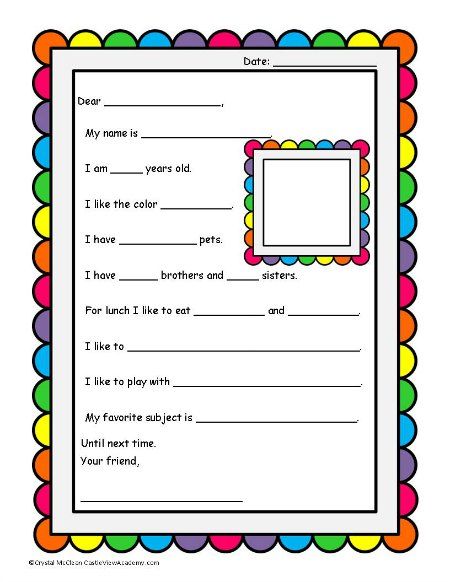 A colorful template for a first pen pal letter! Pen Pal Letter Template, Letter Writing For Kids, Letter Template For Kids, Letter To Future Self, Pen Pal Ideas, Letter Writing Template, Business Letter Template, Daisy Troop, Letter Templates Free