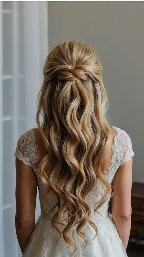 Trendy Half Up Half Down Wedding Hairstyles for 2023 40 Boho Wedding Dress Hairstyle, Bridal Hair Medium Length Waves, Hairstyles For Medium Length Hair Elegant, Half Up Half Down Hairstyles For Bridesmaids, Bridal Easy Hairstyles, Wedding Hair For Square Neckline, Half Up Half Down Bun Bridesmaid Hair, Beach Wave Bridal Hair Half Up, Bridal Hairstyle Long Hair