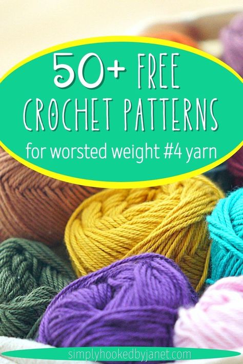 Do you have worsted weight yarn in your yarn stash? Here are over 50 ideas for you to crochet using that worsted weight yarn. All free crochet patterns using #4 worsted weight yarn. Patterns range from home decor to accessories and toys. #freecrochetpattern One Skein Worsted Weight Crochet Patterns, Medium 4 Yarn Crochet Pattern Free, Medium 4 Yarn Crochet Pattern, Worsted Weight Crochet Blanket Patterns Free, Lionbrand.com Free Patterns, Medium Weight Yarn Crochet Patterns, Fingering Weight Yarn Patterns Crochet, Crochet Cotton Yarn Projects, Polyester Yarn Crochet