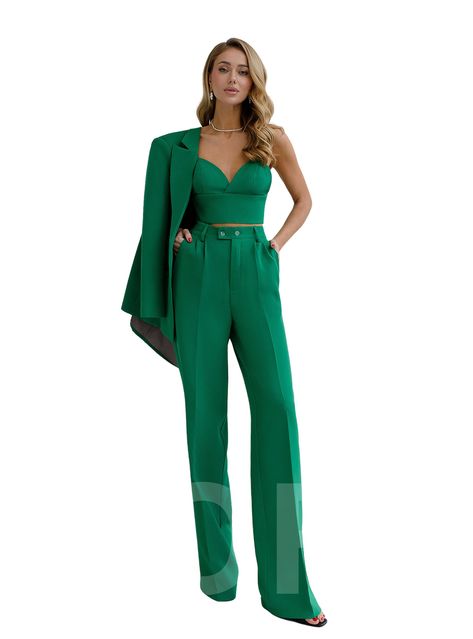 Three piece pantsuit for women: wide leg pants with high rise, Crop bustier top and lined blazer Please note suit measurements  Pants length outerseam is 45,6 inches or 116 cm Sleeve length 24 inches or 61 cm Blazer length 29,1 inches or 74cm Our Womens Blazer Trouser Suit for office, business meetings, formal events and special occasions. Also perfectly combines with sneakers so after a long and tiring business day you can change you heels to sneakers and still look chic. DETAILS -  wide leg pa Emerald Green Suit For Women Formal, Formal Outfits For Women Special Occasions, Luxury Tailored Green Pantsuit, Luxury Green Women's Pantsuit, Elegant Green High-waisted Pantsuit, Luxury Green Long Sleeve Pantsuit, Green Fitted Wide-leg Pantsuit, Womens 3 Piece Suit, Green Suit Women