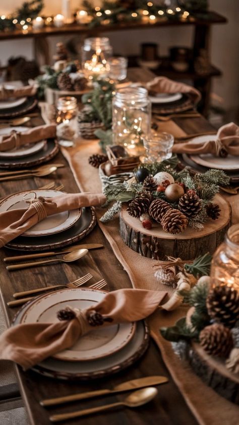 Christmas Decoration Dining Table, Pine Cone Table Centerpiece, Western Christmas Table Decor, Rustic Winter Tablescapes, Rustic Christmas Dining Table Decor, Christmas Dinner Table Settings Rustic, Christmas Rustic Decor Ideas, Country Christmas Table Decor, Rustic Christmas Centerpieces For Table