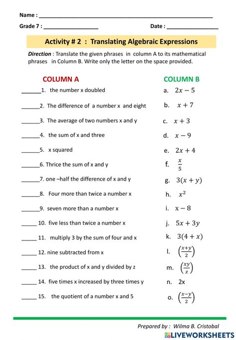 Basic Algebra Worksheets For Grade 6, Writing Algebraic Expressions Activities, Translating Words Into Algebraic Expressions, Simplify Algebraic Expressions, Algebra Worksheets For Grade 6, Algebraic Expressions Activities, Algebraic Expressions Worksheet, Basic Algebra Worksheets, Translating Algebraic Expressions