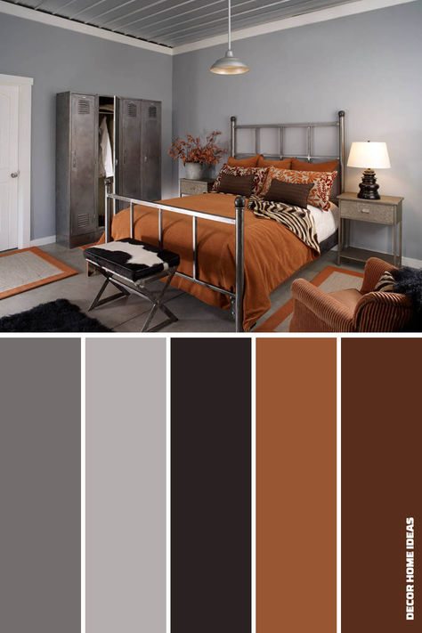 19. Gray Brown Bedroom Ideas, Gray And Orange Bedroom, Gray And Brown Bedroom Ideas, Gray Bedroom Color Schemes, Grey Orange Bedroom, Grey Brown Bedrooms, Gray Color Schemes, Grey Colour Scheme Bedroom, Industrial Bed Frame