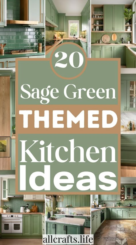 20 Best Sage Green-Themed Kitchen Ideas Kitchen Colour Theme Ideas, Kitchen Wall Colors With Green Cabinets, Sage Green Painted Kitchen Cabinets, Sage Green Kitchen Cabinets With Black Countertops, Earthy Green Kitchen Cabinets, Green Kitchen Accent Wall, Backsplash With Green Cabinets, Kitchen Backsplash With Green Cabinets, Cottage Kitchen Green