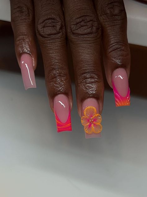 Vacation Square Nails, Vacation Nails Jamaica, Yellow Vacation Nails, Carribean Vacation Nails, Thailand Nails Designs, Brazil Nails Design, Tropical French Tip Nails, Pink And Peach Nails, Short Classy Nail Designs 2024