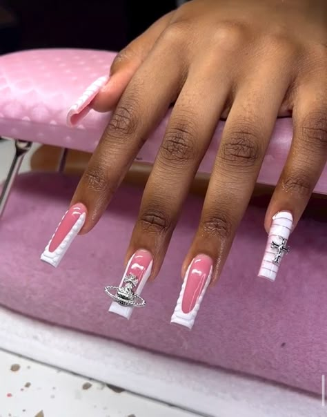 Medium Long Nail Designs, Pink French Tip Nails Acrylics Long Square, Light Pink Freestyle Nails, Birth Nails, Full Set Nails Acrylic, Long Tapered Square Acrylic Nails Pink, Square Acrylic Nails Long, Black And Pink Tapered Square Nails, Pink Libra Birthday Nails