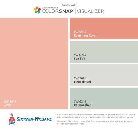 Bathroom Paint Colors Sherwin Williams, Rainwashed Sherwin Williams, Peach Paint Colors, Coral Paint Colors, Small Bathroom Paint Colors, Sherwin Williams Sea Salt, Paint Colors Sherwin Williams, Wall Color Schemes, Small Bathroom Paint