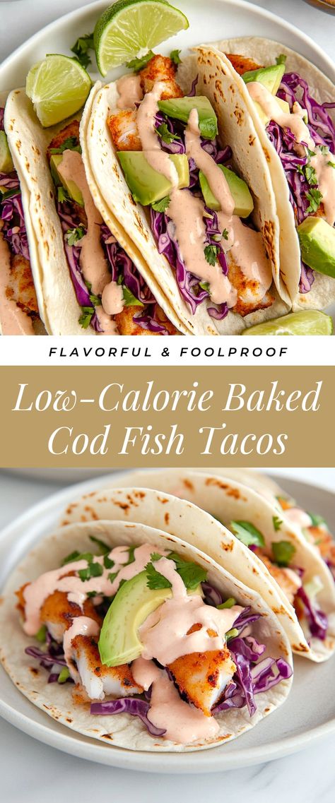 Image for Low-Calorie Baked Cod Fish Tacos Meal Prep Fish Tacos, Cod Fish Taco Recipes, Cod Fish Tacos Recipes Healthy, Battered Cod Fish Tacos, Ww Fish Tacos, Healthy Salmon Tacos, Breaded Cod Fish Tacos, Fish Tacos With Tilapia, Fish Sticks Tacos