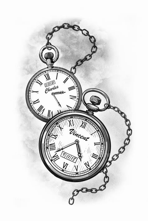 I will draw a tattoo design 3 Clocks Tattoo Design, Pocket Watch With Chain Tattoo, Pocket Watch Chain Drawing, 3 Pocket Watch Tattoo Design, Stop Watch Tattoo Men, Time Watch Tattoo, Tattoo Clock Design, Clocks Tattoo Design, Hourglass Tattoo Stencil