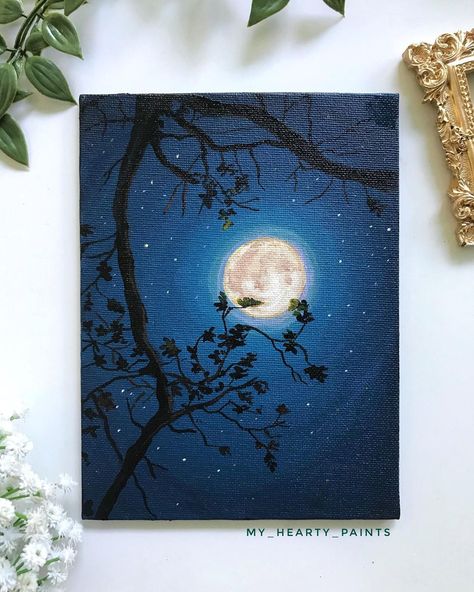 Anju | gouache,acrylics on Instagram: “Moon light night🌝✨😍 DM to buy @flashpaints_official acrylics on @anupam art canvas board Reference: @pinterestindia @persephonay…” Night Time Painting Ideas, Night Light Painting, Moon Gouache Painting, How To Paint The Moon, Painting Ideas On Canvas Moon, Moon Scenery Painting, Painting Ideas Night, Inspo For Painting, Watercolor Art Night