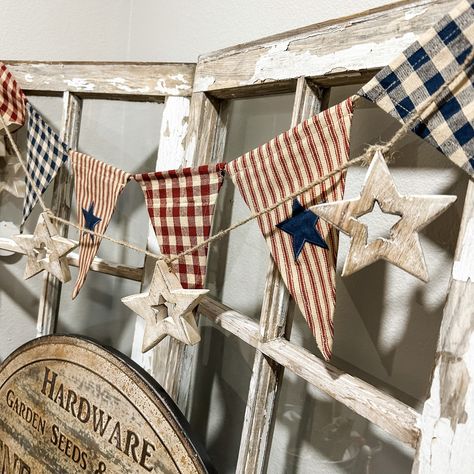 Our Star garland is made of mango wood with a neutral, natural white finish. Measurements: 60" l X 4" h X 1" w. Fabric Paper Chain Garland, Farmhouse Patriotic Decor, Patriotic Crafts Diy, Patriotic Banner, Pennant Garland, 4 Th Of July, Flag Garland, Star Banner, Garland Ideas