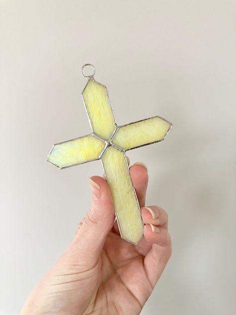 Stained Glass Cross, Iridescent Yellow Cross, Lead Free Stained Glass, Cross Suncatcher, Cross Ornament, Christian Gift - Etsy Small Suncatchers, Cross Suncatcher, Stained Glass Cross, Diy Stained Glass Window, Glass Cross, Stained Glass Decor, Glass Art Projects, Stained Glass Diy, Stained Glass Crafts