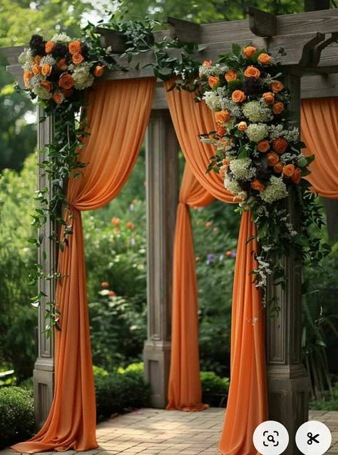 Orange Themed Wedding Decor, Grey And Orange Wedding Theme, Orange And Green Wedding Decorations, Wedding Theme Colors Elegant, Burnt Orange Wedding Cakes, Pastel Orange Wedding Theme, Sunset Themed Wedding Decor, Simple Fall Wedding Ideas, Forest Green And Burnt Orange Wedding