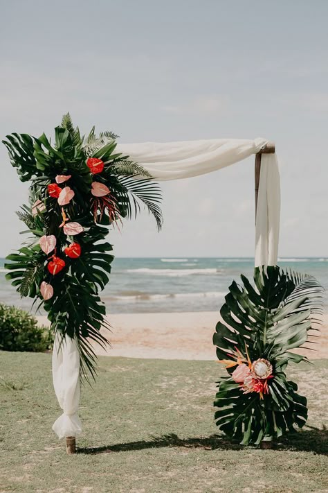 destination Wedding - Arch - Tropical Hawaii flower arch at Loulu Palm Farm Estate Mini Surfboard, Wedding Ceremony Setup, Hawaiian Names, Tropical Wedding Theme, Farm Estate, Tropical Wedding Decor, Wedding Setup, Wedding Ceremony Arch, Wedding Planner Book