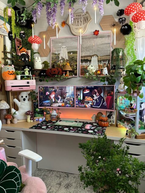 Whimsical Gaming Setup, Ikea Pegboard Gaming, Mushroom Gaming Setup, Maximalist Gaming Setup, Pink And Green Gaming Setup, Nature Gaming Setup, Boho Gaming Setup, Fairy Desk, Cozy Gaming Setup