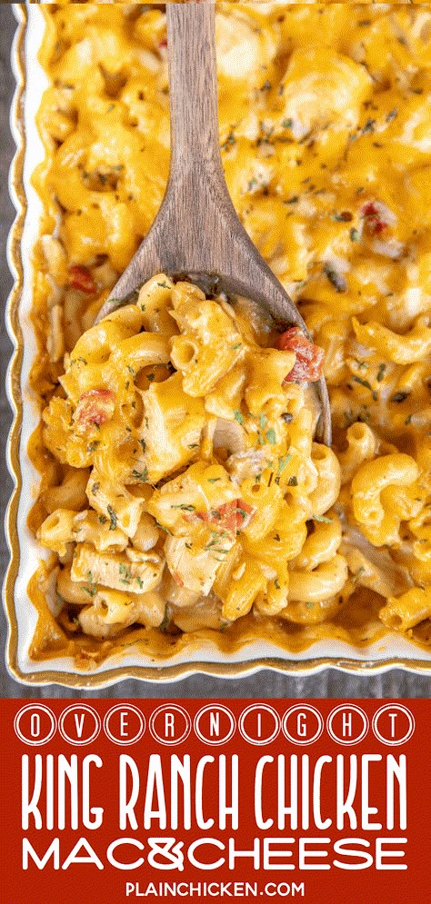 Overnight King Ranch Chicken Mac and Cheese - a new family favorite! It is on repeat in our house! It is like #chicken tetrazzini with #Velveeta and #Rotel. YUM! Just dump everything in the #casserole dish and refrigerate overnight. No boiling the noodles! Chicken, cream of chicken, cream of mushroom, milk, chicken broth, Velveeta, Rotel, taco seasoning, elbow macaroni and mexican cheese blend. Use a rotisserie chicken for quick prep. #texmex #mexican #freezermeal King Ranch Pasta, King Ranch Mac And Cheese, Chicken Rice Velveeta Recipes, Elbow Noodle Chicken Recipes, Elbow Macaroni Casserole Recipes, Casserole With Macaroni Noodles, Dinner Ideas With Elbow Noodles, King Ranch Chicken Pasta, Chicken Casserole With Velveeta Cheese