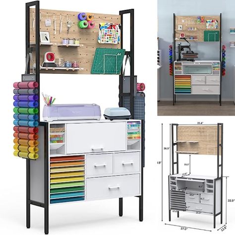 This craft storage cabinet is designed to hold a variety of craft tools and materials, each with a suitable storage area. This includes a wooden pegboard, including wooden pegs, hooks, brackets, and shelf boards. Three drawers contain detachable dividers to meet users' needs for different sizes and types of products. Create the workflow you need with your tools and material at your fingertips. Sturdy steel frames and scratch-proof MDF boards provide stable support and ensure years of use. Cricut Organization, Craft Storage Cabinet, Wooden Pegboard, Craft Storage Cabinets, Machine Storage, Craft Cabinet, Craft Room Furniture, Accessories Organizer, Vinyl Storage