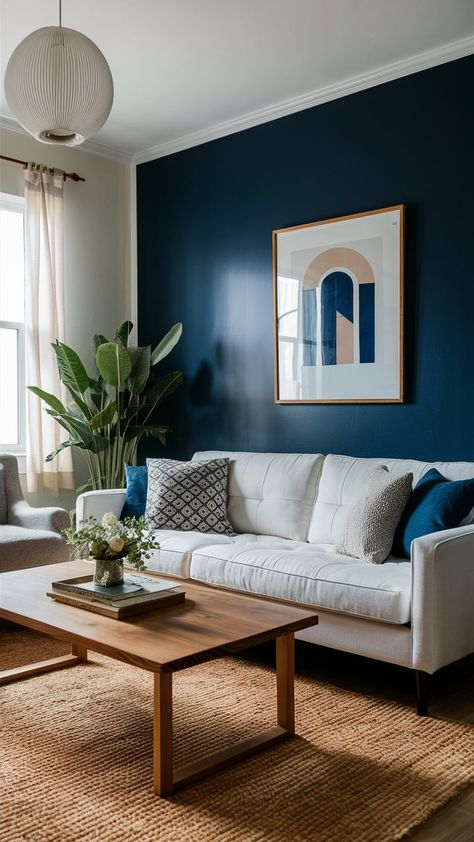 Accent Wall Designs To Steal Today – My Blog Navy Blue Accent Wall Living Room, Navy Accent Wall Living Room, Blue Accent Wall Living Room, Blue Accents Living Room, Blue Accent Wall, Navy Accent Walls, Dark Grey Living Room, Blue Walls Living Room, Accent Wall Ideas