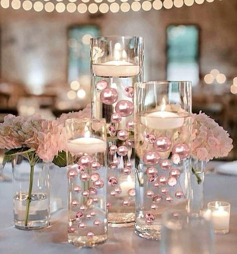 100 Floating Light Pink Blush Pearls with Matching Sparkling Gems-Jumbo Sizes-Fills 2 Gallons of Pearls/Gems & The Most Transparent Gels for Vases-with Exclusive Measured Floating Kit Pearl Vase Centerpiece, Pink And Silver Wedding Decorations, Centerpieces With Orbeez, How To Make Floating Flowers, Pink Wedding Centerpieces Diy, Tall Floating Candle Centerpieces, Floating Pearls Centerpiece, Light Pink Wedding Decor, Floating Candle Wedding Decor