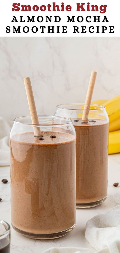 This Almond Mocha Smoothie King recipe is packed full of high protein ingredients like Greek yogurt, chocolate protein powder, and almond butter. This smoothie is great for both a mid-afternoon caffeine pick-me-up or a filling breakfast that will keep you satisfied all day. Starbucks Shaken Espresso, Smoothie King Recipes, Mocha Protein Shake, Coffee Smoothie Healthy, Greek Yogurt Chocolate, Painkiller Cocktail, Olive Garden Breadsticks, Mocha Smoothie, Yogurt Chocolate