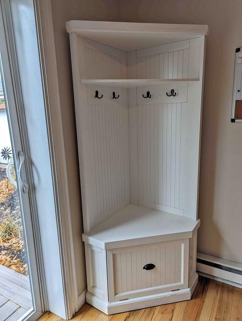 Corner Cabinet/Shoe and Coat Rack Corner Coat And Shoe Storage, Corner Hallway Storage, Corner Foyer Ideas Entrance, Corner Drop Zone Ideas, Corner Coat Rack And Bench, Corner Entryway Ideas, Corner Foyer, Corner Shoe Storage, Shoe And Coat Rack