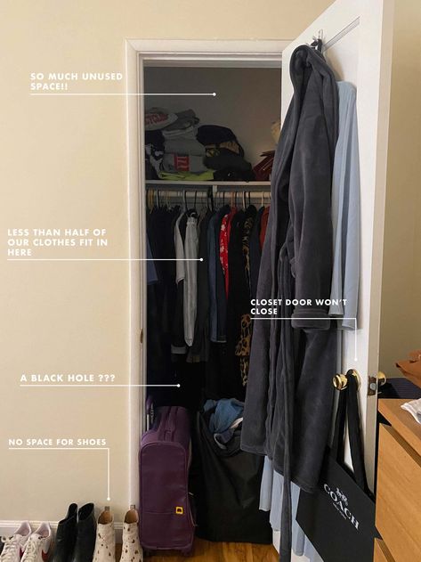 Two People, One Tiny Closet - A Small Space Storage Agony with 5 Problems & 5 Clever Solutions - Emily Henderson #home #beforeandafter #diy #style Tiny Clothes Closet Organization, Small Closet Two People, Tiny Apartment Clothing Storage, Clothing Storage Tiny House, Clothing Storage Small Closet, Tiny Closet For Two People, Small Closet For Two People, Studio Storage Solutions, Maximize Tiny Closet Space