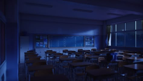 Classroom (Night) by iCephei Dark Classroom Aesthetic, Empty Classroom, Classroom Background, Night School, Anime Places, Anime Classroom, Scenery Background, Night Background, School Night