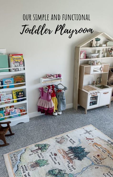 Playroom Kitchen Set Up, Playroom With Kitchen Set, Girl Toddler Playroom, Playroom Shelf Organization, Playroom Nook, Playroom Dress Up Area, Play Room Girls Kids, Kitchen Play Area For Kids, Playroom Set Up Ideas