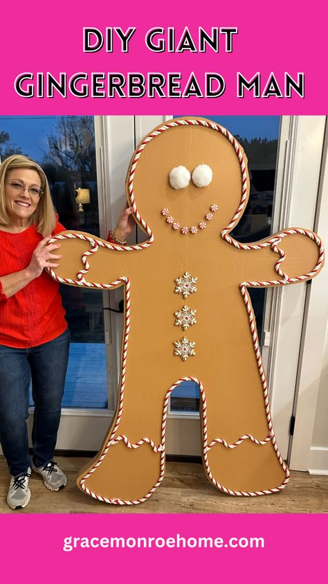 Learn How to Make an Adorable Giant Gingerbread Man! Christmas Decor Competition, Gingerbread Man Wood Cutout, Gingerbread House Ideas Decoration Home, Gingerbread House Outdoor Decor Diy, Lifesize Gingerbread Man, Gingerbread Land Decorations, Diy Candyland Christmas Decorations Outdoor, Christmas Decorations From Cardboard, Bakery Parade Float Ideas