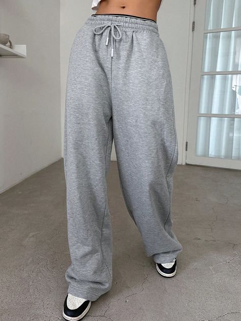 Grey  Collar  Knitted Fabric Plain Jogger Embellished Slight Stretch Fall/Winter Women Clothing Cute School Fits, Pocket Sweatpants, High School Outfits, Aesthetic Fits, Dark And Light, Long Midi Dress, Casual Design, Drawstring Pants, Womens Sweatpants