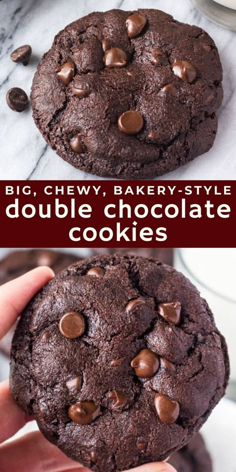 Double Choc Chip Cookies, Dessert Recipes Easy Quick 3 Ingredients, Resepi Biskut, Double Chocolate Chip Cookies, Double Chocolate Cookies, Soft Bakes, Chocolate Cookie Recipes, Cookies Chocolate, S'mores