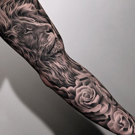 Lion & Roses Full Sleeve | Best tattoo design ideas Lion Rose Tattoo, Lion And Rose Tattoo, Roses Sleeve, Lion Sleeve, Geometric Lion Tattoo, Inner Arm Tattoos, Inner Bicep Tattoo, Rose Tattoo Sleeve, Lion Tattoo Sleeves