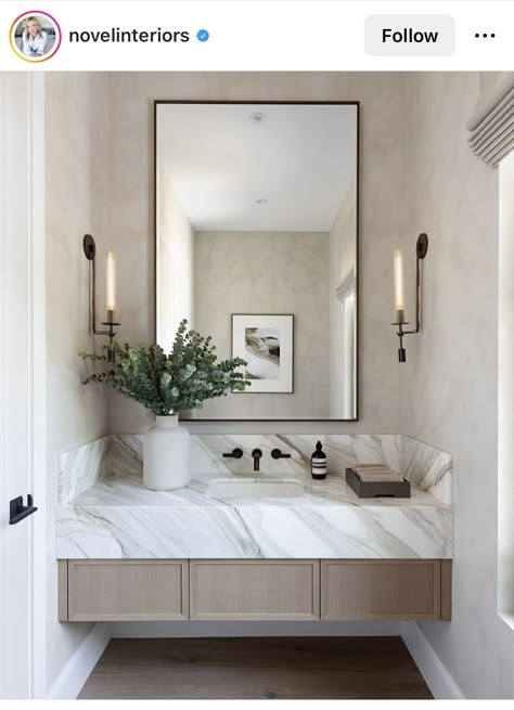 Luxury Powder Room, Sleek Fireplace, Floating Cabinets, The World Of Interiors, Powder Room Design, Transitional Bathroom, Powder Bath, Powder Rooms, Bathroom Renos