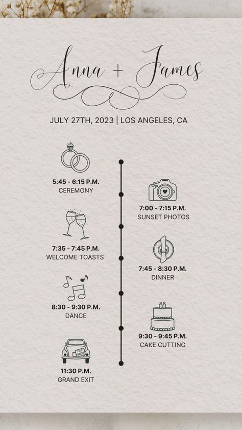 Editable Wedding Day Timeline Wedding Reception Schedule Info - Etsy Canada Invitation Timeline Wedding, Wedding Invitations With Schedule, Wedding Invitations With Timeline, Wedding Iterinary, 3 Day Wedding Itinerary, Diy Wedding Itinerary, Evening Wedding Timeline No Dinner, Wedding Day Timeline Card, All In One Invitations Wedding