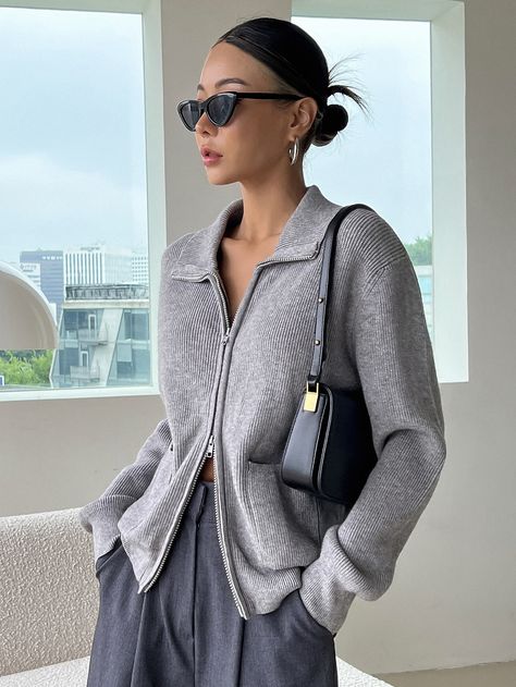 Grey Casual Collar Long Sleeve Fabric Plain  Embellished Slight Stretch Spring/Fall Women Clothing Shoulder Cardigan, Drop Shoulder Cardigan, Cardigan Outfit, Áo Len Cardigan, Zippered Cardigan, Zip Cardigan, Drop Shoulder Sweaters, Cardigan Outfits, Long Sleeve Knit Sweaters