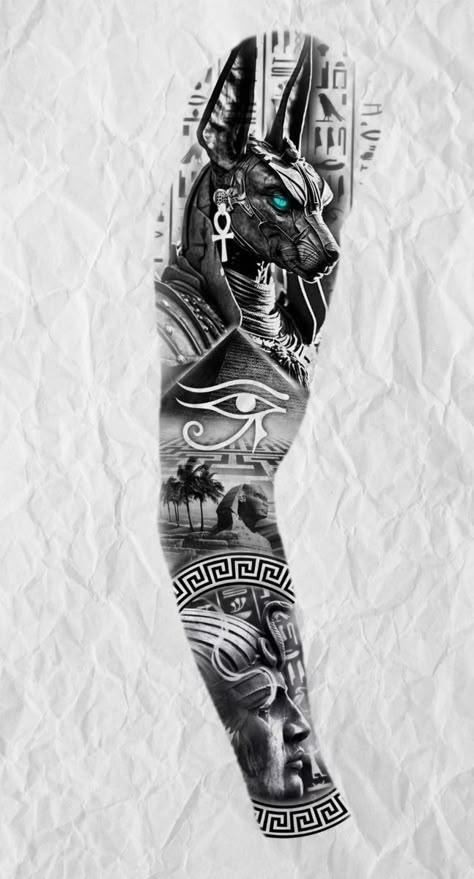 Egyptian Gods Back Tattoo, Pyramid Tattoos Egyptian, Egyptian Full Sleeve Tattoo, Anubis Full Sleeve Tattoo, Anubis Back Tattoo Design, God Of Egypt Tattoo, Horus God Tattoo, Egyption Sleeve Tattoo, Egyptian Mythology Tattoo Sleeve