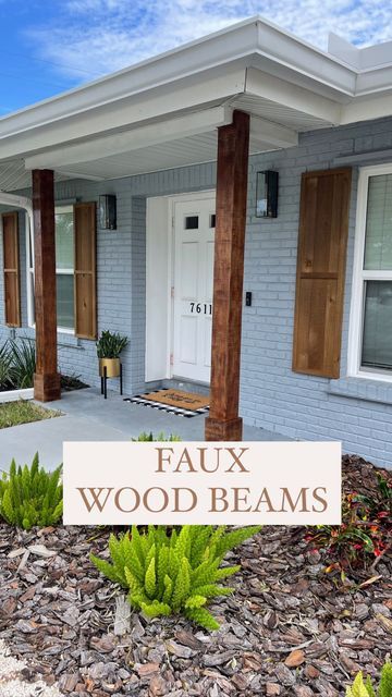 Faux Wood Beams Exterior, Faux Wood Pillars Front Porches, Faux Wood Beams Outdoor, Diy Wood Beams Front Porch, Wood Beams Front Porch, Wood Pillars Front Porch, Fake Wood Beams, Porch Beams, Stained Wood Beams