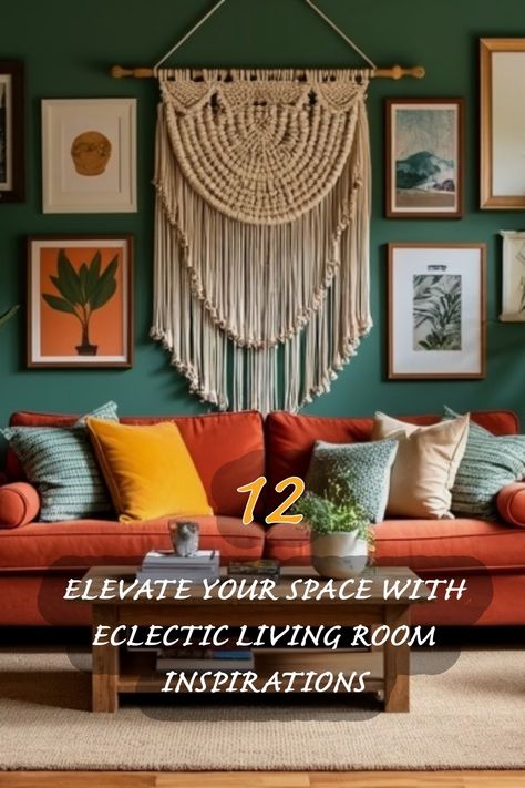 I'm absolutely in love with this eclectic living room! The rich green walls create a vibrant backdrop for the mix of textures and colors. The warm orange sofa is so inviting, and the combination of pillows adds a perfect touch of coziness. I especially adore the macramé wall hanging and the curated art pieces that bring personality to the space. This room truly inspires me to elevate my own living area with unique decor elements that reflect my style. Minimalist Eclectic Living Room, Contemporary Eclectic Living Room, Regency Bedroom, Hollywood Regency Bedroom, Eclectic Living Room Design, Orange Sofa, Eclectic Living, Living Room Design Ideas, Traditional Dining Room