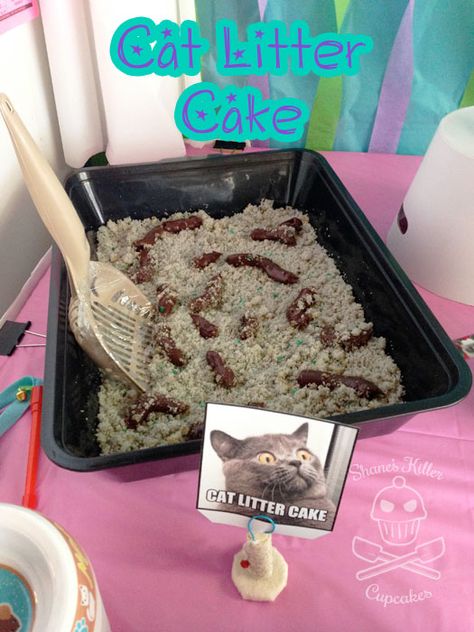 Cat Lady Birthday Cake, Cat Party Food, Cat Litter Cake, Cat Litter Dessert, Cat Litter Box Cake Halloween Party, Kitty Litter Dessert, Crazy Cat Lady Cake, Kitty Liter Cake, Kitty Litter Cake