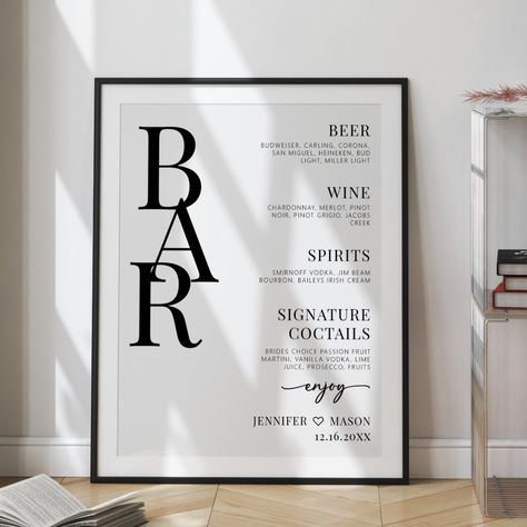 Bride Era, Wedding Bar Menu Sign, Menu Table, Wedding Activity, Bar Menu Sign, Black And White Wedding Theme, Bar Signage, Bar Menu Wedding, White Wedding Theme