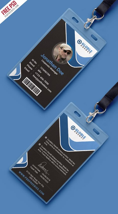 Download Multipurpose Dark Office ID Card Free PSD Template. This Multipurpose Dark Office ID Card Free PSD Template is Very Creative and professionally designed.  You can use this for any type of companies, schools, universities, charities and organizations. It is made by simple shapes Although looks very professional. Id Card Design Template, Cake Business Cards, Dark Office, Identity Card Design, Employee Id Card, Microsoft Word Free, Id Card Design, Free Id, Card Design Template