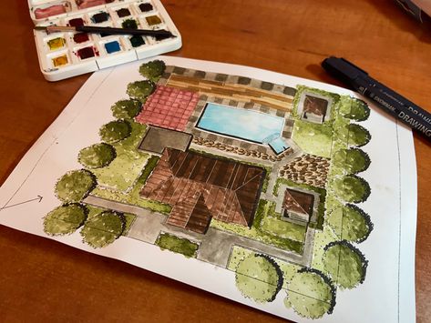 Watercolor Site Plan Architecture, Landscape Architecture Watercolor, Site Plan Watercolor, Site Development Plan Rendering, Site Development Plan House, Site Plan Rendering Hand, Site Development Plan Drawing, Architecture Plates Drawing, Villa Site Plan Design