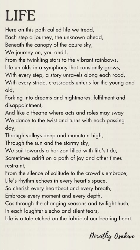 LIFE It's where every of your heartbeat writes the rhythm of your own unique melody! #life #pinterestideas #poetry #poem #journey #man #livinglife #lifelessons #lifequotes #poetrycommunity #poemoftheday #poetrytok Life Poems Inspirational, Poems About Journeys, Poem About Life Journey, Poems On Life Inspiration Poetry, Poems About Learning, Poems On Life Feelings, Poem On Life, Poems About Beauty, Poems To Write