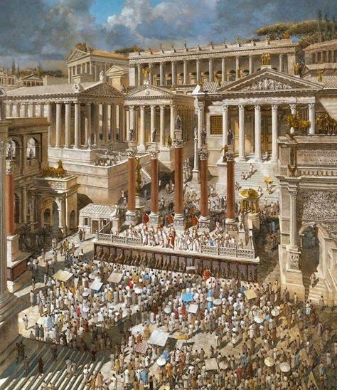 This image depicts a bustling scene from Ancient Rome, featuring a grand Roman forum. There are multiple classical buildings adorned with columns and statues. A large crowd gathers in the center, with people wearing traditional Roman garments. Some individuals appear to be engaged in what could be a political or social event, given the presence of banners and the organized groups of people. The architecture and clothing provide a rich insight into the civic life and urban landscape of Ancient... Imperiul Roman, Rome History, Architecture Antique, Classical Building, Roman Republic, Empire Romain, Roman Forum, Roman Architecture, Roman History